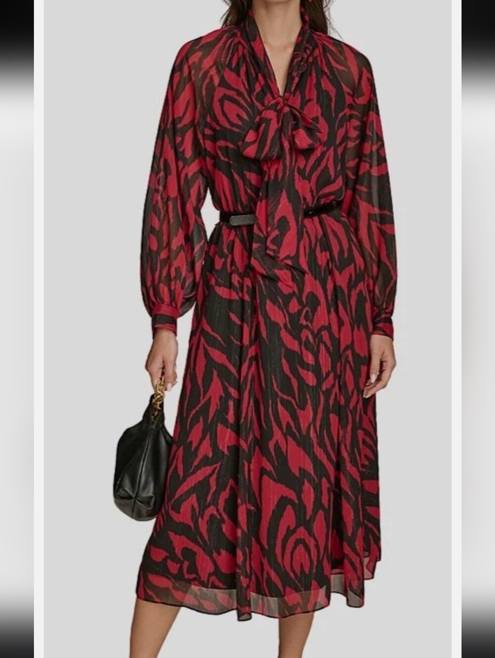 DKNY Group 90 Dress- Dkny Red and Black Printed Long-Sleeve Tie-Neck Midi Dress